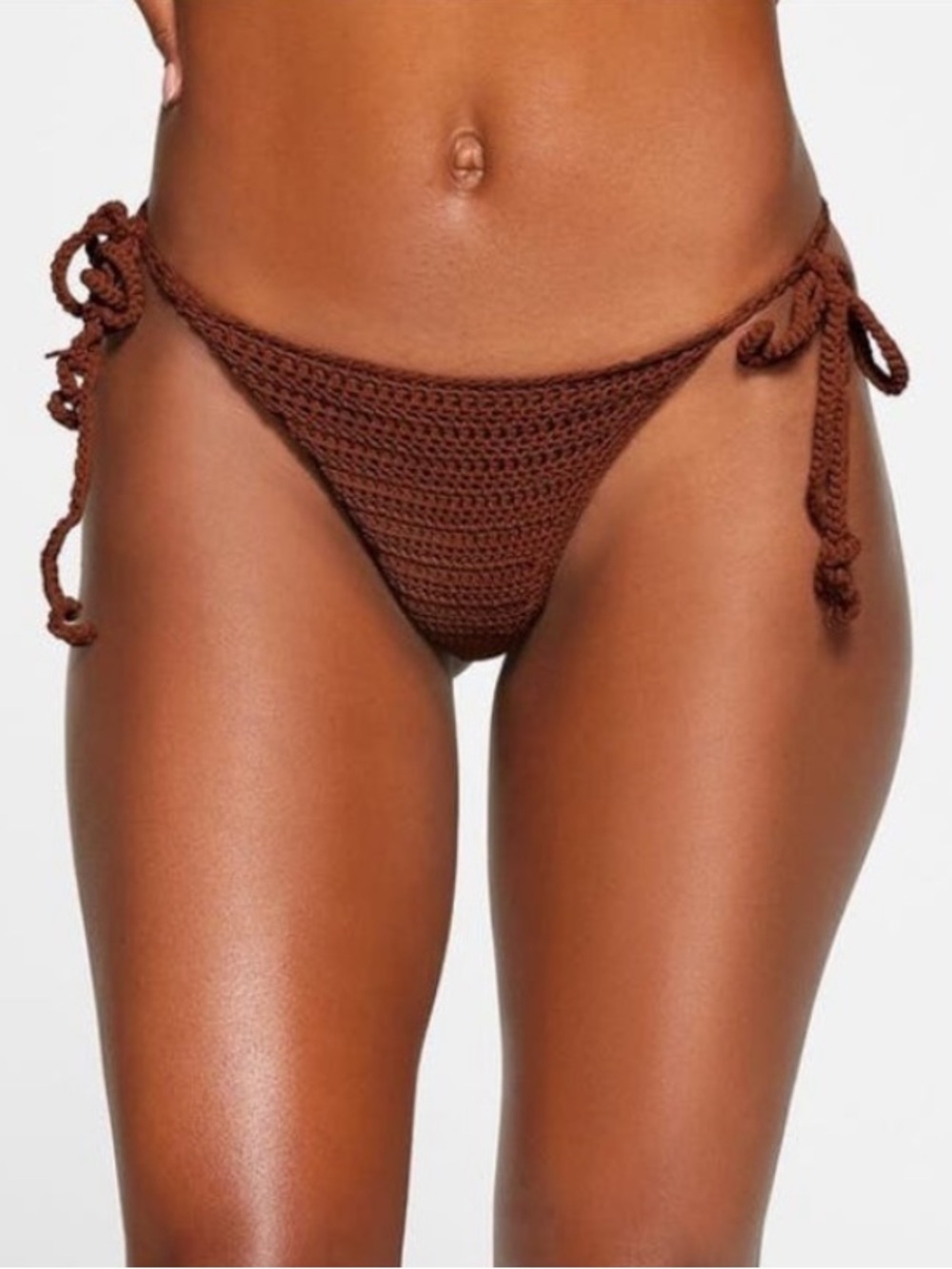 SKIMS JASPER Chocolate Brown Crochet Tie-Side Bikini Bottom. Very cheeky